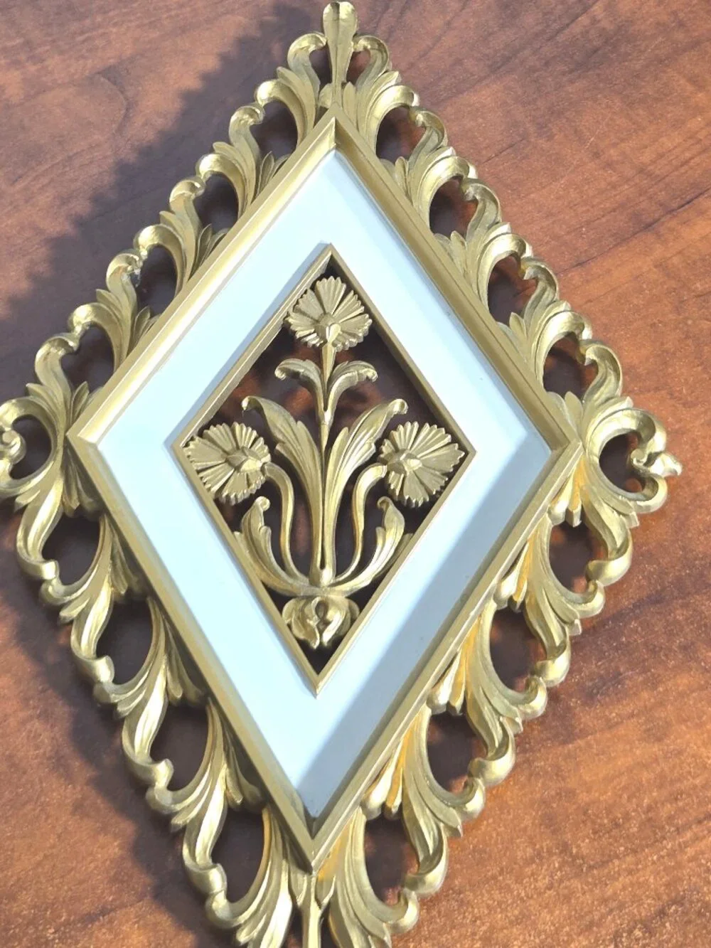 Vintage 1970s Homco Gold Diamond Floral Wall Art - Faux Wood Resin Set of 4
